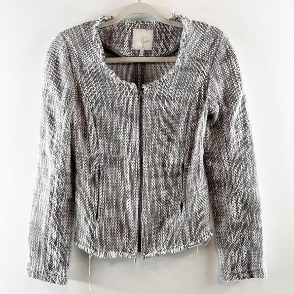 Joie Collins Long Sleeve Raw Cut Full Zip Tweed Blazer Jacket Gray/White Medium - Picture 3 of 16